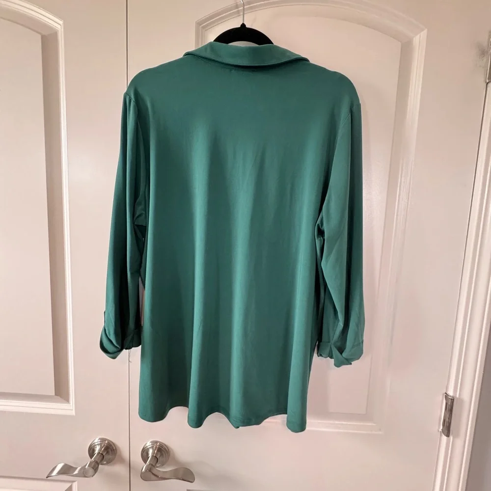 Jones New York Green Polo Collar 3/4 Sleeve Blouse - Picture 2 of 8